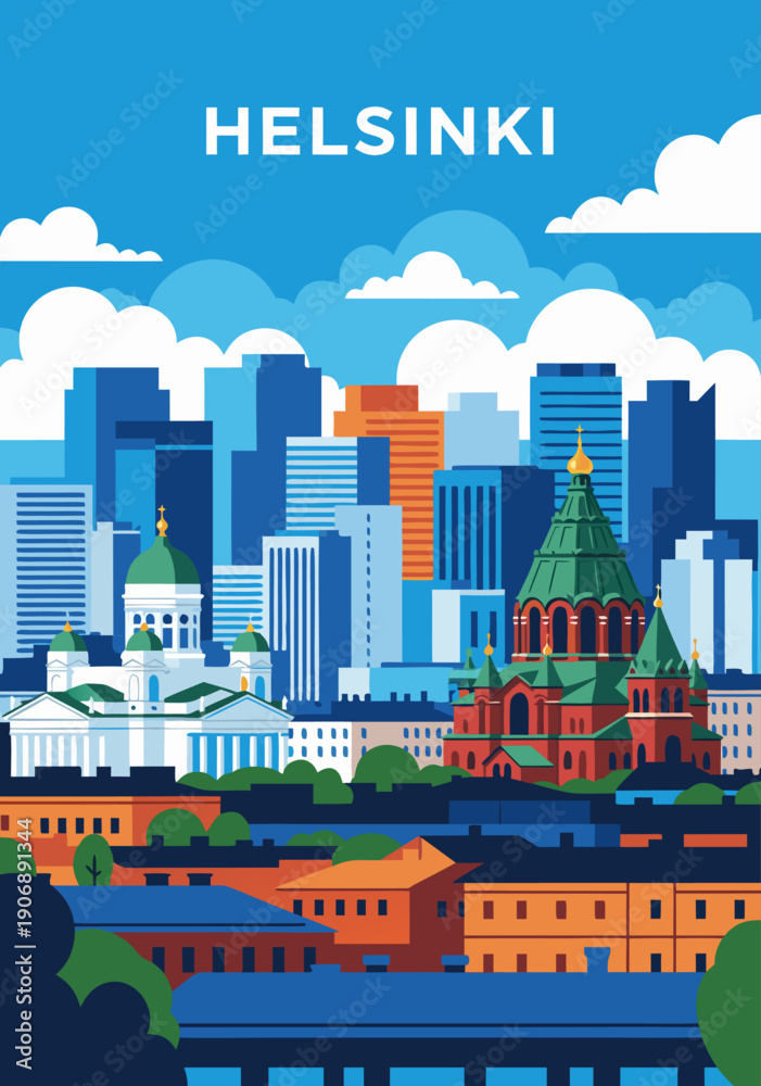 Obraz premium Helsinki Cityscape Vector Illustration with Iconic Landmarks and Modern Architecture