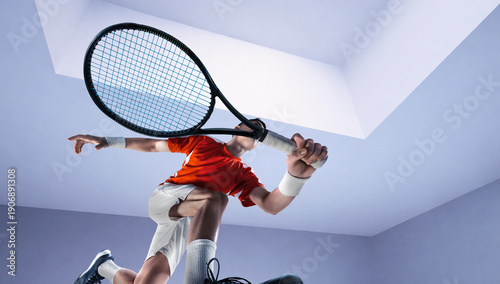Quadro em tela Intense mixed media male tennis player striking aggressive overhead shot