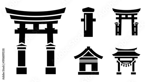 Japanese torii gates and shrine symbols in black silhouette collection