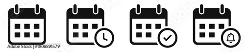 Calendar icon set with date, time, check and notification symbols. Black flat vector calendars for task, scheduling, planning, reminders and booking features in apps dashboards and web interfaces.