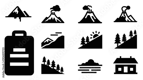 Silhouette volcano and nature icons: scenic mountain and forest design elements