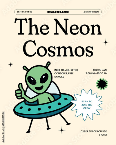 Modern retro alien in UFO spaceship gaming event flyer vector illustration
