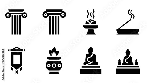 Ancient culture symbols collection: columns, offerings, and meditation icons