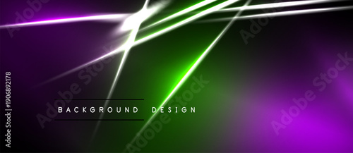 Abstract neon lights, purple, green gradients. Diagonal lines create dynamic visual effect. Dark background emphasizes bright colors.