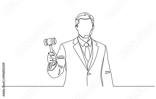Professional lawyer with gavel in one line drawing.