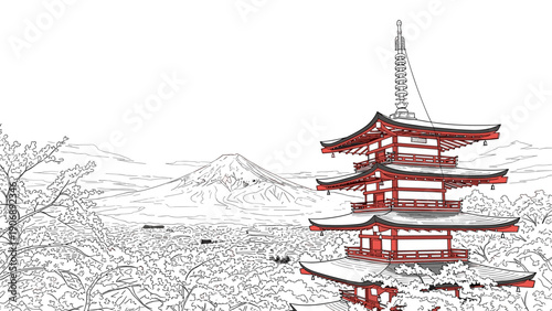 Traditional japanese pagoda with mount fuji in the background line art