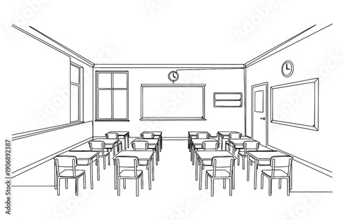 Continuous one line art of interior design at school classroom with white board.