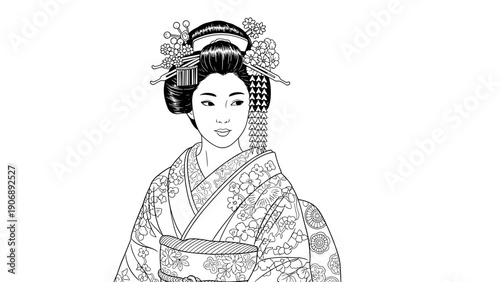 Elegant geisha in traditional kimono with floral patterns and ornate hairpiece in black and white