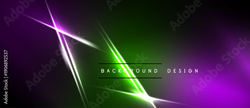 Vibrant abstract background features diagonal neon lines. Green, purple hues create dynamic visual effect. Modern design element.