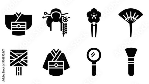 Traditional japanese icons: kimono, hair accessories, and cultural symbols in silhouette style