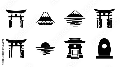 Minimalist japanese icons: torii gates, mount fuji, pagoda, and sunset