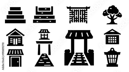 Japanese architectural icons: minimalist black and white silhouettes of traditional structures