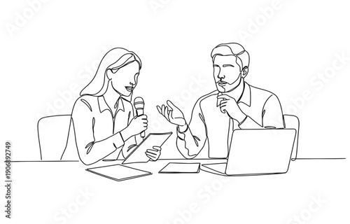 Single continuous line drawing woman journalist interviewing guy at desk.