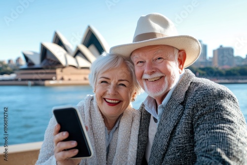 Elderly couple enjoying vacation at sydney opera house on a sunny day