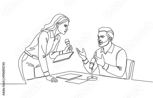 Single continuous line drawing woman journalist interviewing guy at desk.