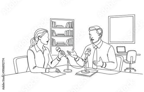 Single continuous line drawing woman journalist interviewing guy at desk.