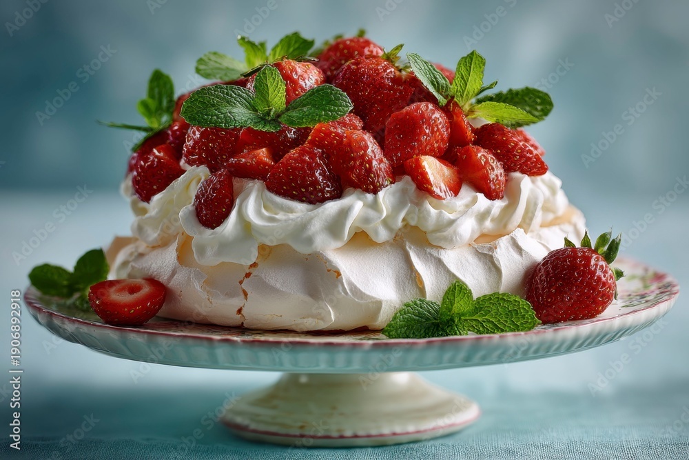 custom made wallpaper toronto digitala beautiful and delicious strawberry pavlova cake, decorated with fresh strawberries and mint leaves on top of the cake stand, against a blue background