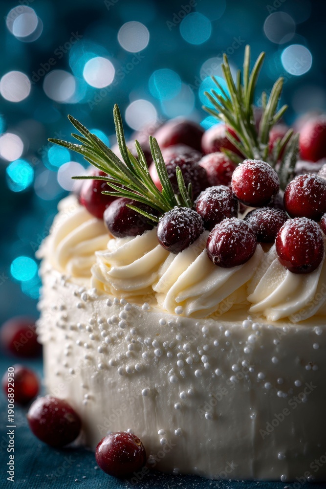 custom made wallpaper toronto digitala close up of the cake top, featuring frosted cream and fresh cranberries with rosemary sprigs for decoration. the background is blurred, against an elegant blue bokeh backdrop.