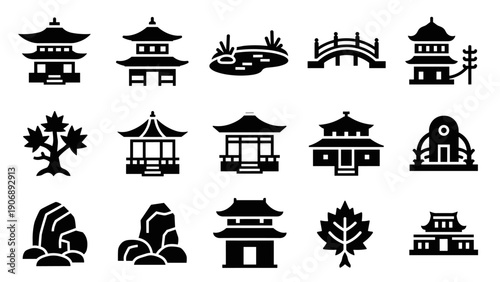 Traditional japanese architecture and nature icons in black silhouette style