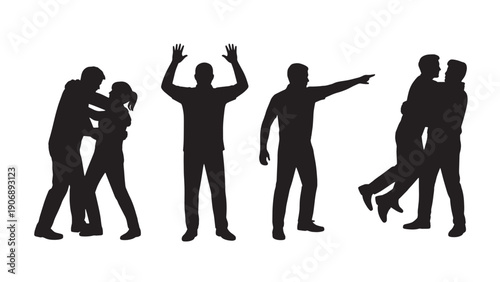 Silhouettes depicting conflict, pointing, and struggle, representing challenges, disputes, and difficult situations in a stark graphic style.