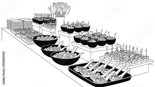 Elegant buffet table with assorted appetizers and flowers in black and white line art
