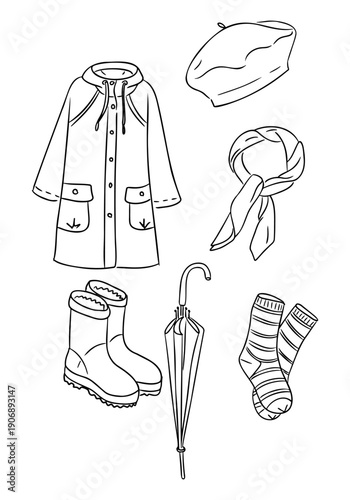 Hand drawn vector set of autumn clothes and accessories including coat, boots, socks, umbrella, scarf and hat isolated on white background. This illustration represents seasonal fashion, rainy weather