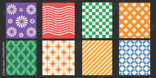 A collection of nine patterned squares with various colors and designs