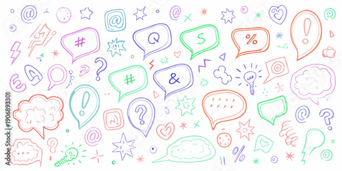 Colorful hand drawn doodles of speech bubbles symbols and various icons
