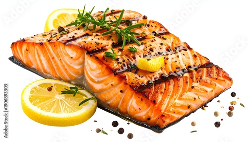 Grilled salmon fillet with lemon and rosemary, isolated on a white background
