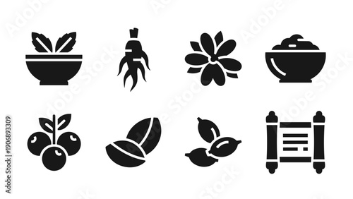Collection of herbal icons: bowl, roots, leaves, and scroll in black silhouette style