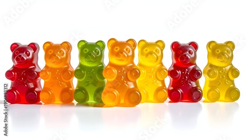 Row of seven multi-colored gummy bears candies against a white backdrop