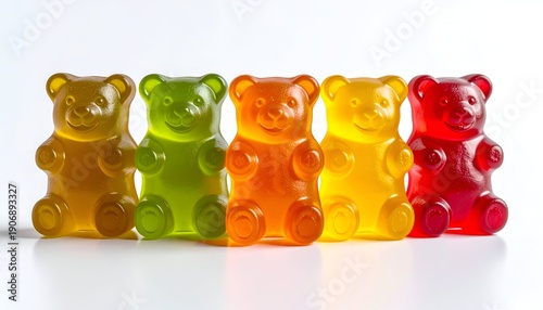 Row of gummy bears in gradient colors, well-lit against a bright white background