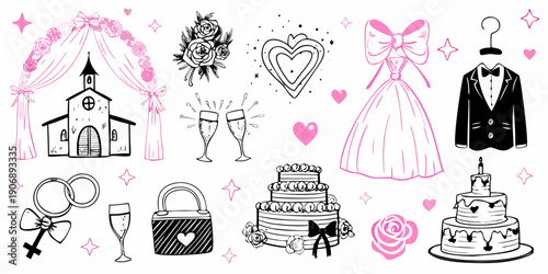 Wedding themed illustrations church dress rings and celebratory elements