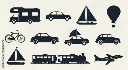 Collection of various transportation vehicles and modes of travel.