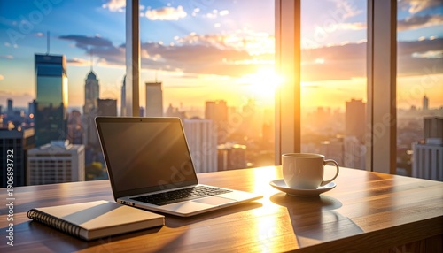 Laptop and coffee cup sit atop a desk overlooking a cityscape at sunset