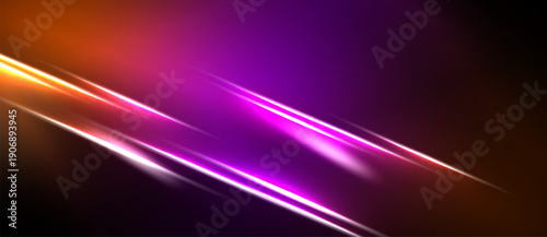 Abstract background features vibrant orange, purple streaks. Diagonal lines create dynamic visual effect against dark backdrop. Brightness contrasts sharply.