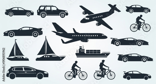 Collection of various transportation vehicles and modes.