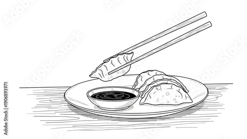 Chopsticks holding dumpling: detailed black and white line art of asian cuisine