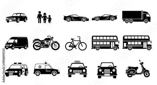 Collection of various transportation vehicles and icons.