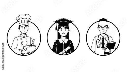 Set of three professional occupation avatars featuring a chef a graduate and a medical doctor in black and white line art style for career design