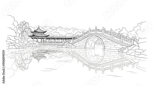 Tranquil landscape with traditional pagoda and arched bridge in linear style