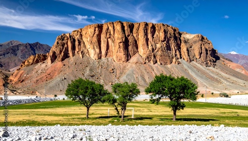 Mountain backdrop frames verdant field with trees, clear blue sky above