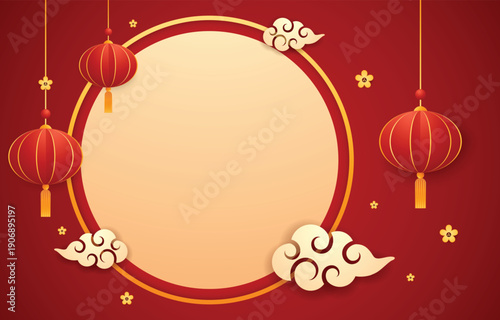 Happy Chinese new year 2026. Chinese new year banner for show product. Greeting card. China frame with lantern on red background.