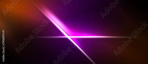 Abstract vibrant light streaks intersect dark background. Purple, orange hues dominate composition, creating dynamic visual effect.