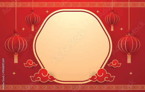 Happy Chinese new year 2026. Chinese new year banner for show product. Greeting card. China frame with lantern on red background.