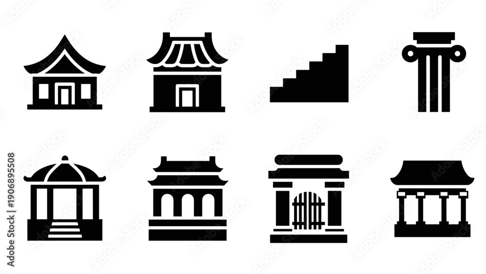 Fototapeta premium Silhouette icons of historic architecture: temple, pagoda, column, steps