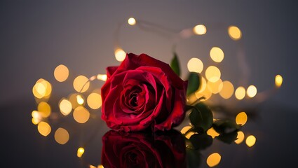 Beautiful red rose surrounded by soft glowing fairy lights background