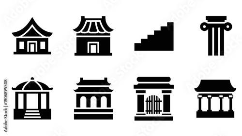 Silhouette icons of historic architecture: temple, pagoda, column, steps