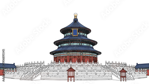 Wallpaper Mural Traditional asian pagoda in detailed line art illustration Torontodigital.ca