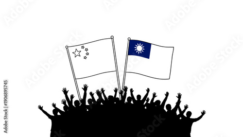 Unity and celebration with chinese and taiwanese flags amidst crowd silhouettes